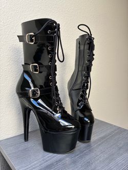 Pleaser Black Patent Lace-up Platform Boots, size 9