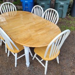 White Farmhouse Dining Table And 6 Chairs/ Butcher Block Style/Heavy Solid Oak Wood/Country/Rustic/Distressed/Shabby/Leaf/Extension/Stretch/Set/Rare