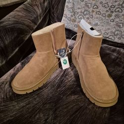 Universal Thread Women's May Suede Boots with Memory Foam Insole in the color tan.