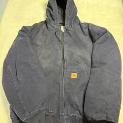 Carhartt Mens Canvas Full Zip Lined Hooded Navy Blue Jacket Size XL
