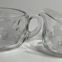Vintage Cut And Etched Flower Glass Creamer And Open Sugar Dish