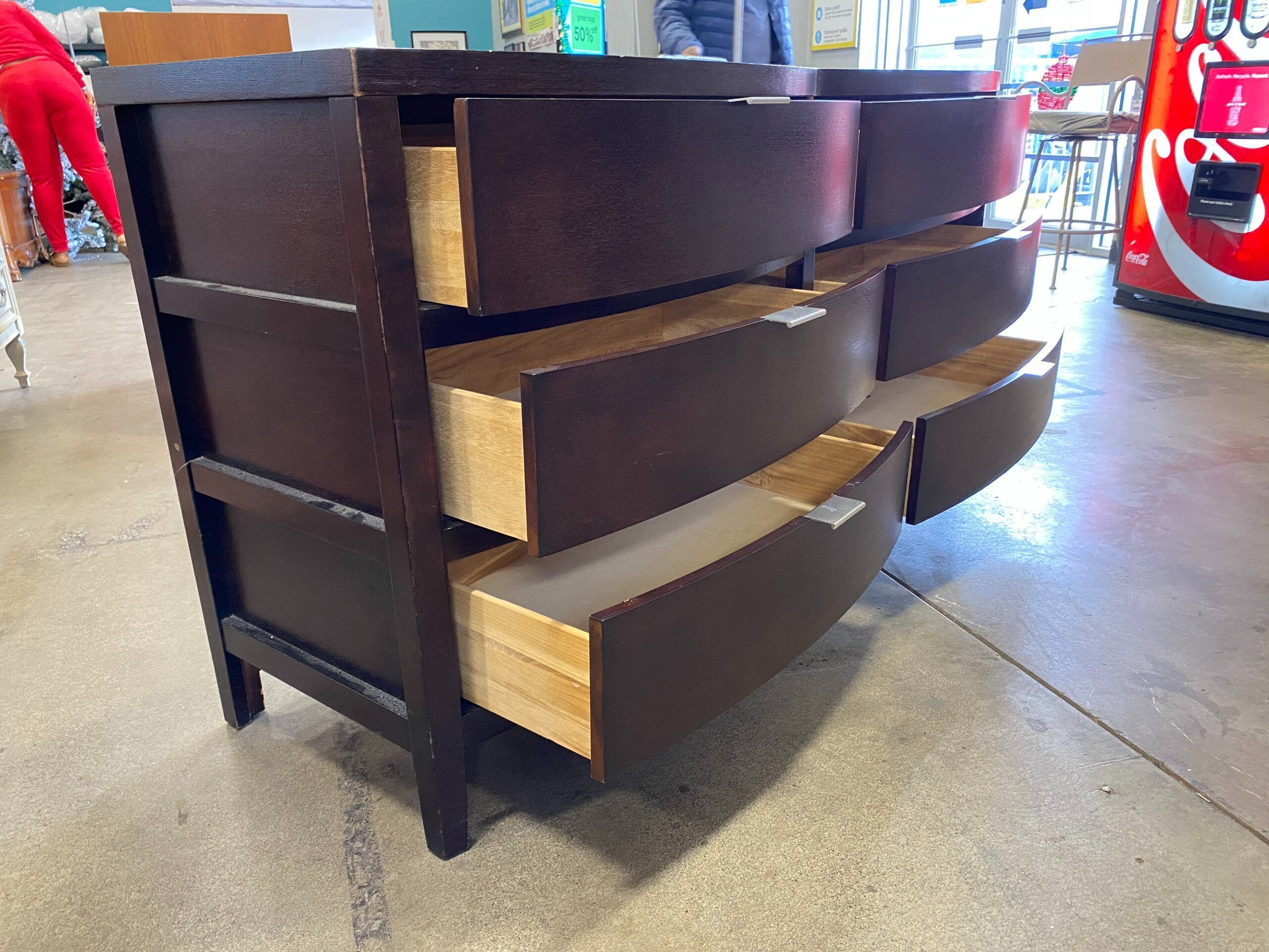 Espresso Breakfront 6 Drawer Dresser with Silver Handles