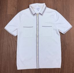 Reiss Mens Large Knit Polo Shirt Full Zip Cream Brown Stripe Short Sleeve #15A