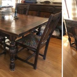 Beautiful Vintage Spanish Revival Dining Table with Chairs & Buffet 