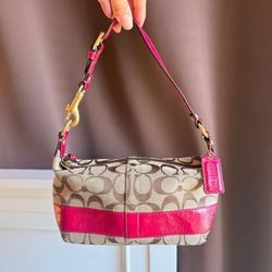 Vintage Coach monogram mini shoulder bag with pink leather stripe