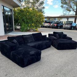 2-Piece Black Corduroy Sectional Set + Oversized Chaise Lounger 