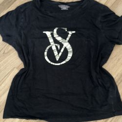 Victoria’s Secret Black Graphic Logo T-Shirt Silver VS Emblem Size M