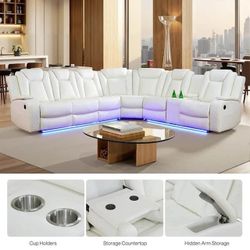 6-Seat Leather L-Shaped Recliner Sectional Sofa – White