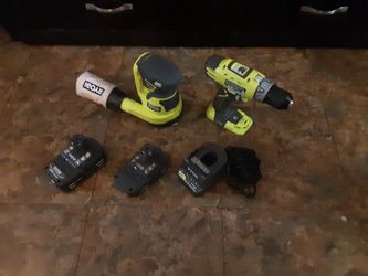 A+ New Ryobi 18V One Plus Cordless 1/2" Keyless Hammer Drill P214 And 5" Random Orbit Sander P411 With Batteries And Battery Charger