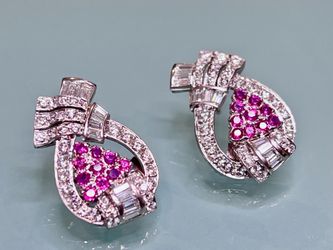 💎 Platinum. 4.13ct Genuine Diamond & Ruby Vintage Earrings