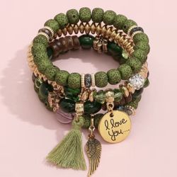 Green 4pc Tassel & Wing Charm Beaded Bracelet Set