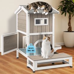 New Insulated Outdoor Weatherproof Cat House Two Story Cats Shelter for Winter, w/ Jumping Platform