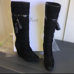 Christian Dior Quilted Blk Suede Knee High Wedge Boots sz-7
