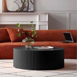 Black Round Drum Coffee Tables for Living Room Contemporary Circle Coffee Table, Modern Wood Accent Table for Office Apartment 