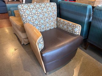 Dark Leather Reception Chair with Curved Wood Frame