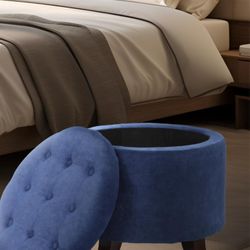 Athena Collection 20 Inch Small Ottoman with Storage, Round Linen Fabric Storage Ottoman with Removable Lid, Stylish Footstool