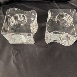 Elegant Set Of 2 ORREFORS Sweden Glass Puzzle Heavy Crystal Candle Holders