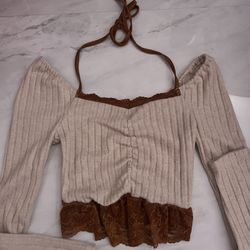 Shein Cream and tan off the shoulder lace top