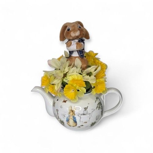 Beatrix Potter Teapot Floral Centerpiece Arrangement with Plush Peter Rabbit Bunny Spring Easter Decor