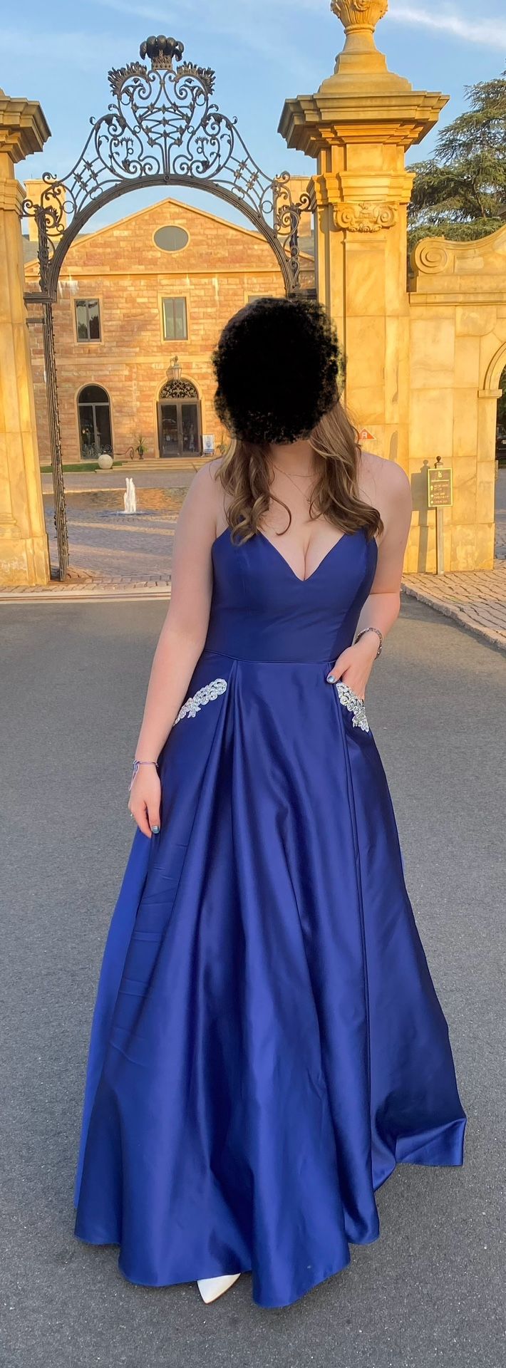 Navy Satin Prom Dress - Size 9 - with Pockets!!