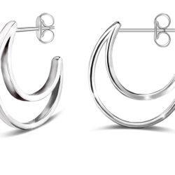Open Hoop Earrings for Women Sterling Silver Hoop Huggie Earrings Double Circle Half Hoop Earrings Layered Circle Crescent Post Stud Earrings Fashion 