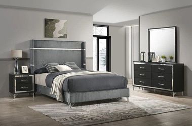 Glamourous Queen bedroom set features Stylish wingback bed w/gold trim & various Finish