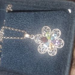 Sterling Silver Gem Flower Necklace New