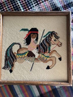 Ted De Grazia Hand Cross-Stitched And Needlepoint On Canvas, Complete With frame 