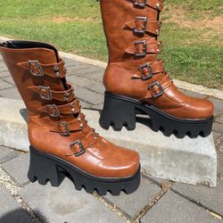 Women’s Multi Buckle Strap Platform Wedge High Heels Mid Calf Punk Boots US Size 12/UK10