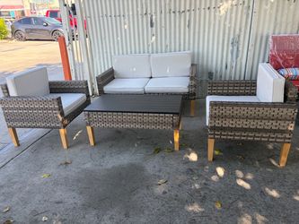 4Pcs Patio Furniture Set , Outdoor Patio Set with 2 Chair &  One 2-seat Sofa and Coffee Table ,Grey white