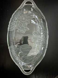 Clear Glass Oval Bowl with Etched Floral Design