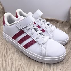 ADIDAS grand court girl stay-put sneakers Size 2 1/2 glitter 3-striped finish