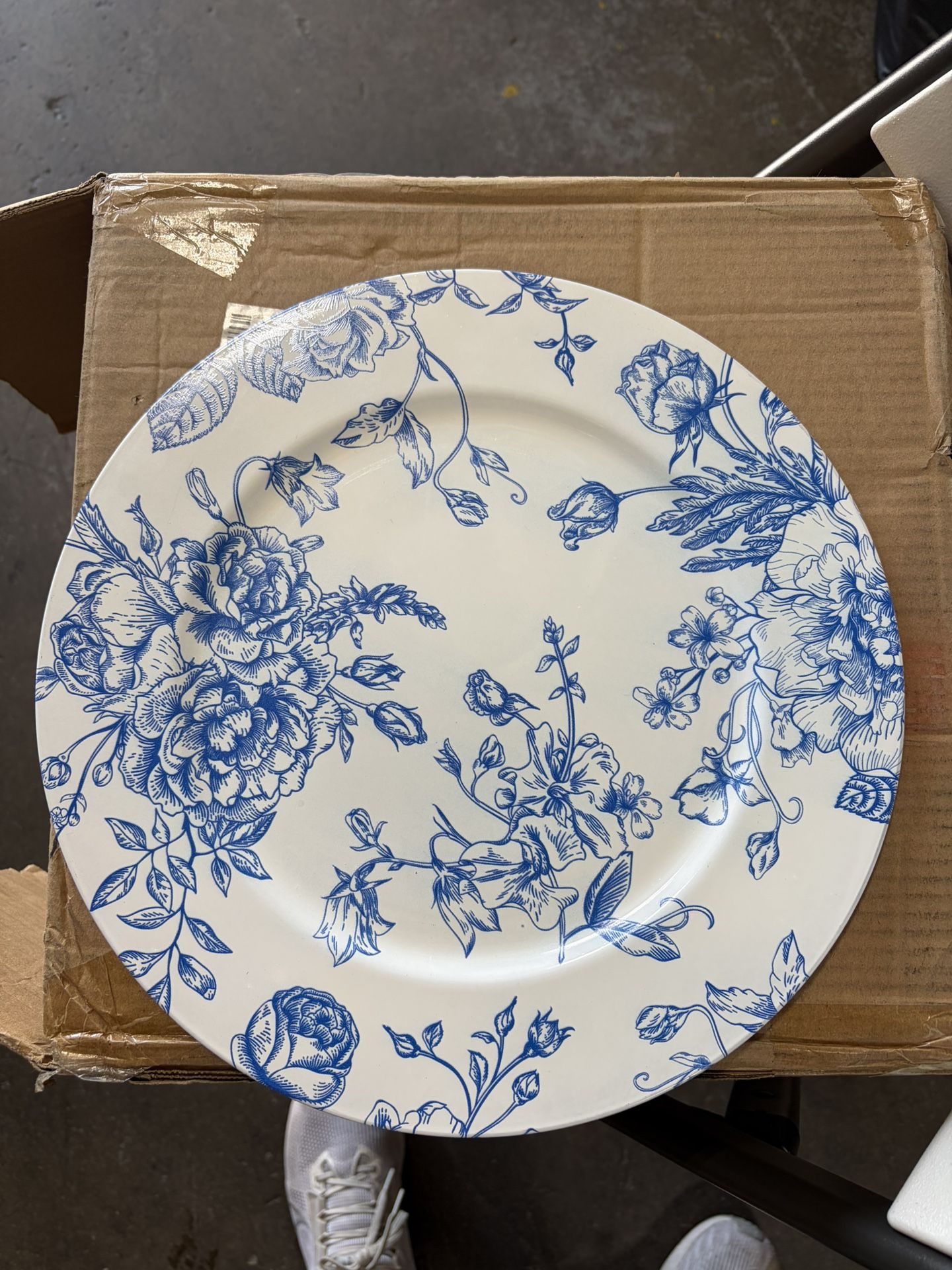 Charger Plates 13" Round White with Light Blue Floral French Toile Pattern