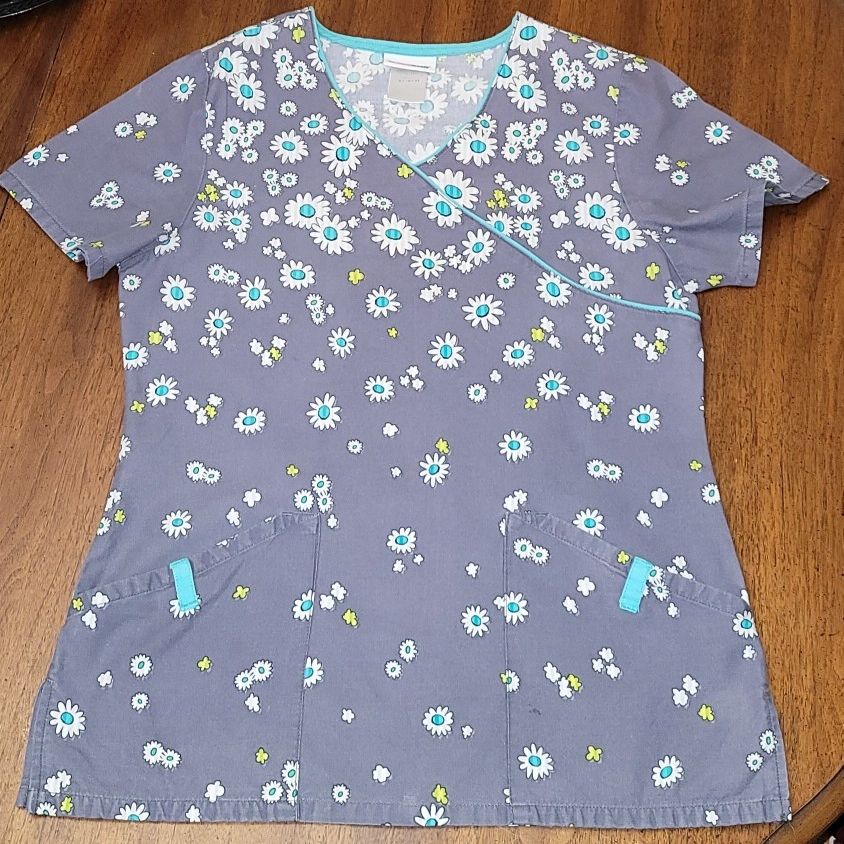 Gray with Floral Print Scrub Top- Scrub Star- XS