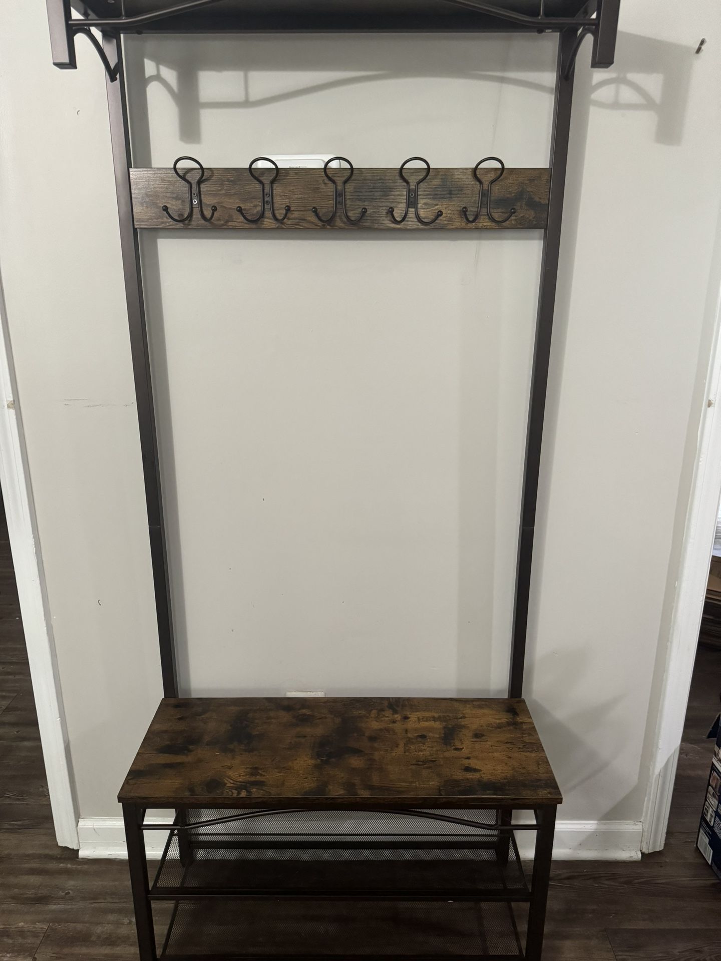 Benjara Metal Framed Coat Rack with Wooden Bench and Two Mesh Shelves