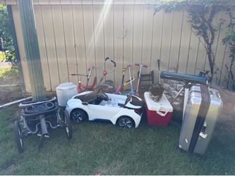 Yard sale BMW i8 kids power car, scooters, stroller and more
