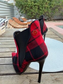 Philipp Plein Red Black Plaid Stiletto Ankle Boots