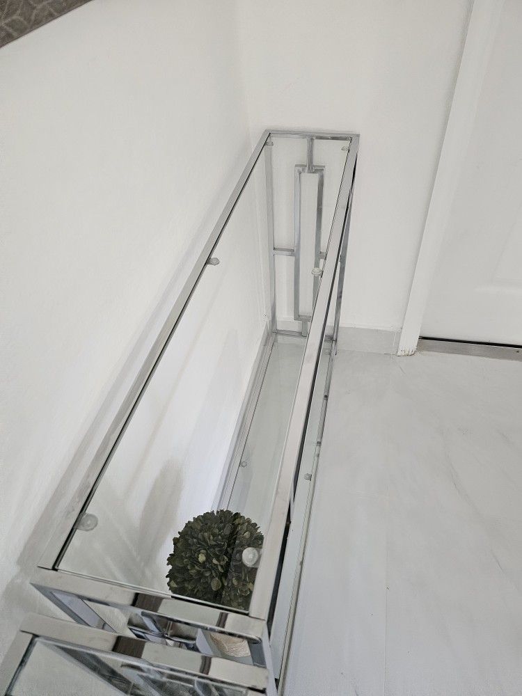 Set of 2 Modern Glass & Chrome Console Tables