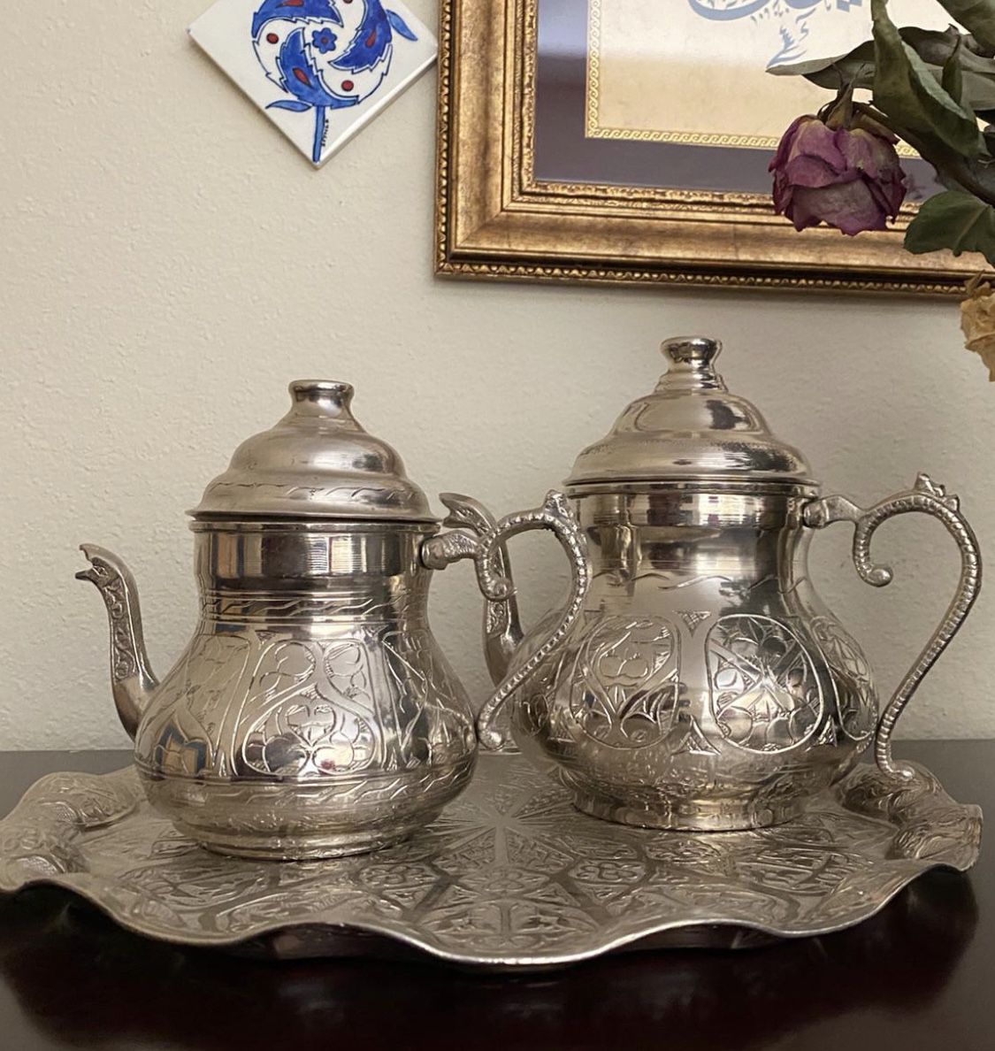 Turkish cooper teapot set with a tray. Good for decoration