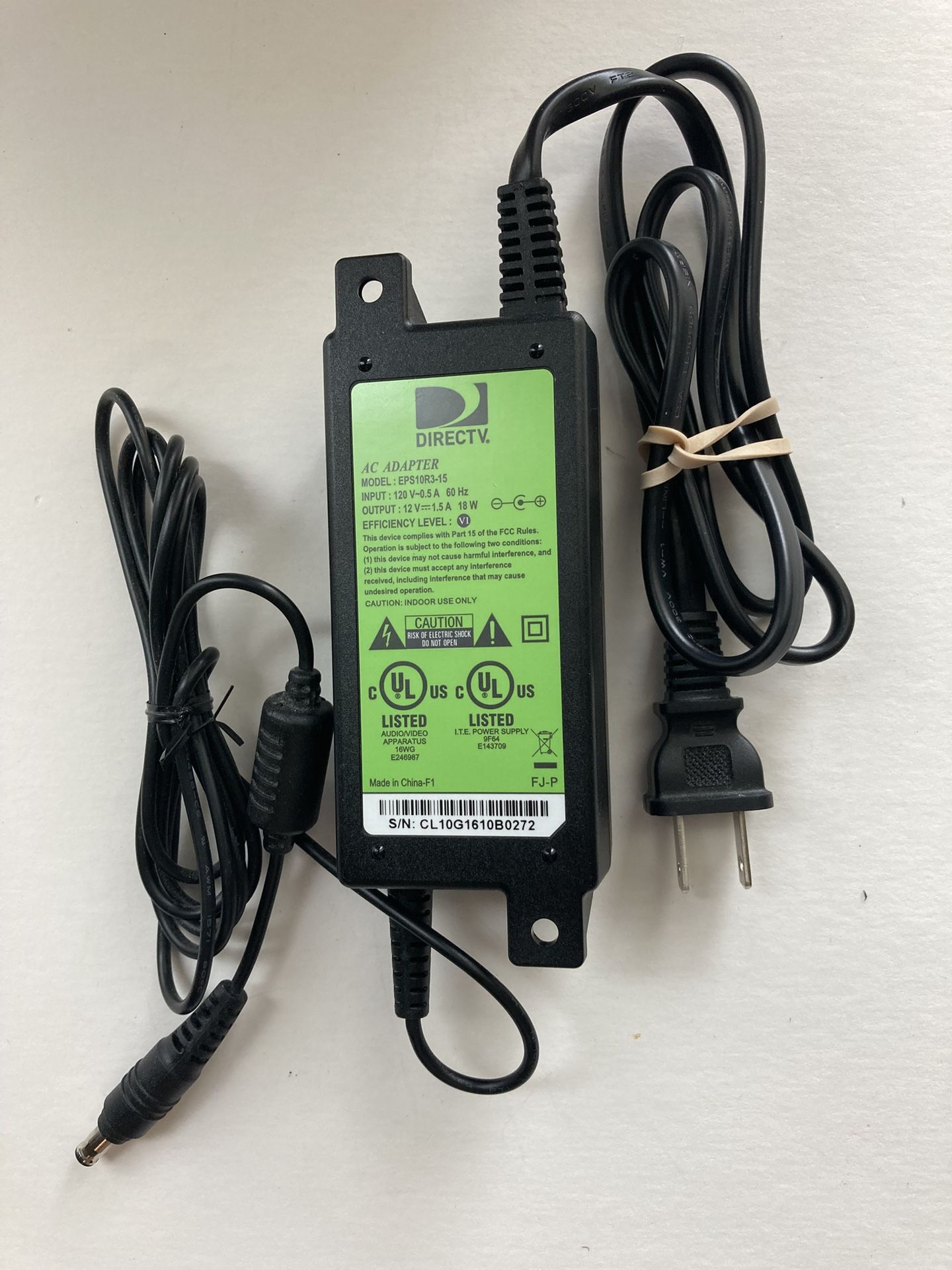 DirecTV AC Adaptor Power Cord. Model: EPS10R3-15. Input: 120V, 0.5A – Output: 12V, 1.5A, 18W