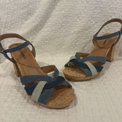 Denim Two-Tone Cork Heel Sandals - Blue