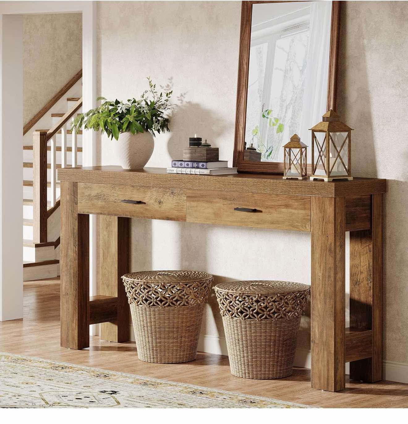 63" Console Table with 2 Drawers, Farmhouse Entryway Table , Brown P-11