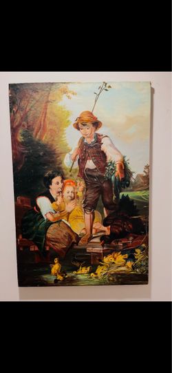 Antique Oil Painting German Boy & Girl Watching Ducks 1900’s . Size of antique oil painting is 36”- 24”. Good vintage condition, some wearing marks on