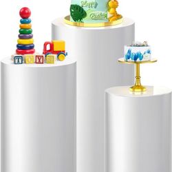 3Pcs White Round Cylinder Stands for Party, Metal Cylinder Pedestals Display Cake, Pedestal Stands for Parties Birthday Wedding Event Decor

