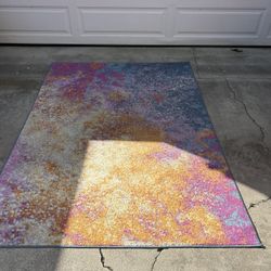 Vibrant 5x7 Abstract Area Rug - Modern Gold/Pink/Teal