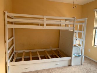 White Wood Bunk Bed with Trundle and Shelves