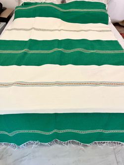 Green and White Striped Woven throw blanket/ table cloth
