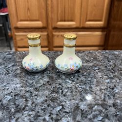 Vintage 1960’s Porcelain Floral Design Salt and Pepper Shakers.  Size approximately  2 1/2 inches Tall. Preowned no stoppers.  The bottom has writing 
