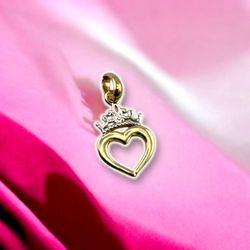 14kt 0.60g Two Tone Gold Small Heart with Crown Pendant.