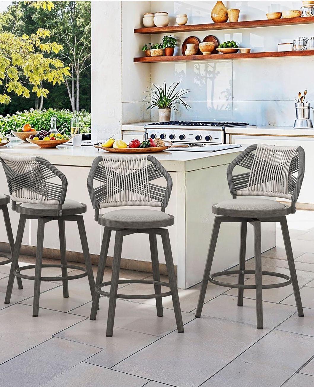 Outdoor Bar Stools Set of 3, 360° Swivel Aluminum Rattan Barstools, Olefin Rope Counter Height Bar Stools with Curved Backrest, Boho Barstool with Cir